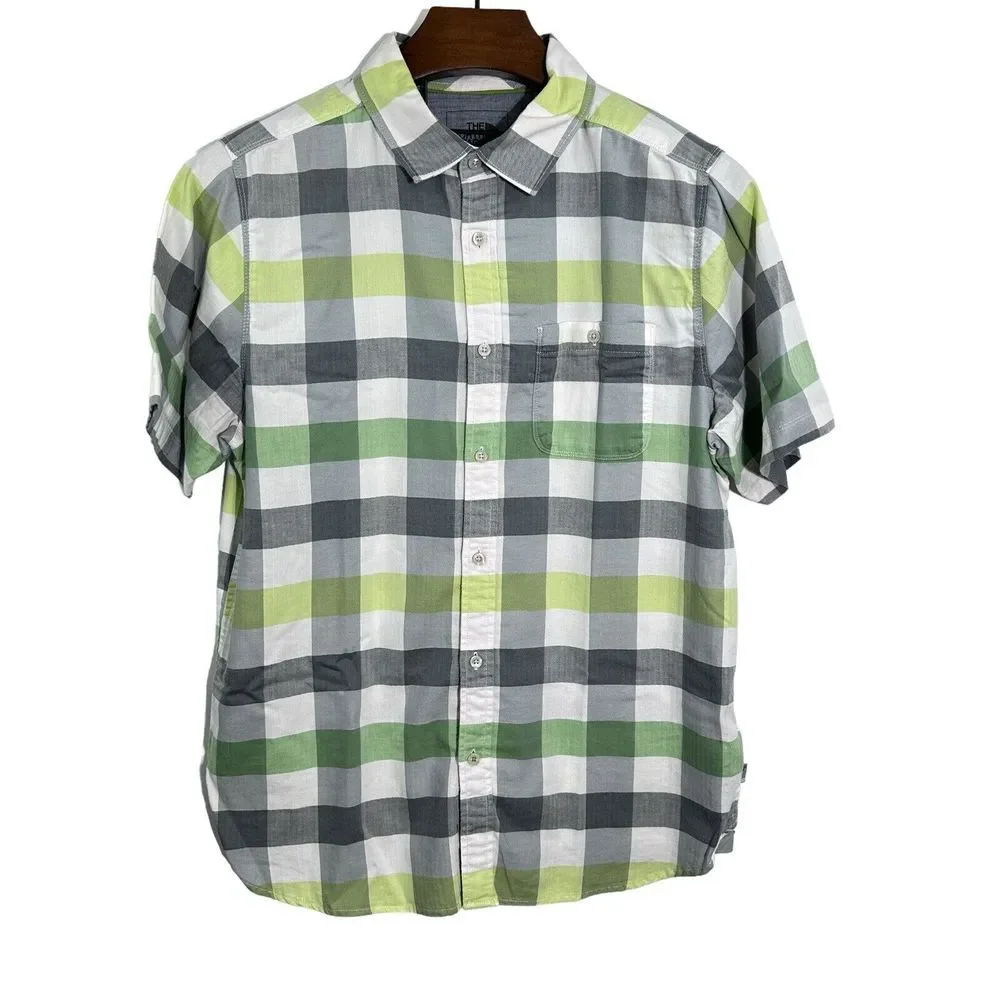 The North Face Short Sleeve Blue Lime Plaid Cotton Blend Button Up Shirt‎ Large